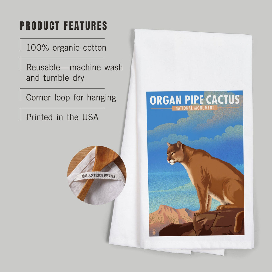 Organ Pipe Cactus National Monument, Arizona, Mountain Lion, Lithograph, Organic Cotton Kitchen Tea Towels Kitchen Lantern Press 