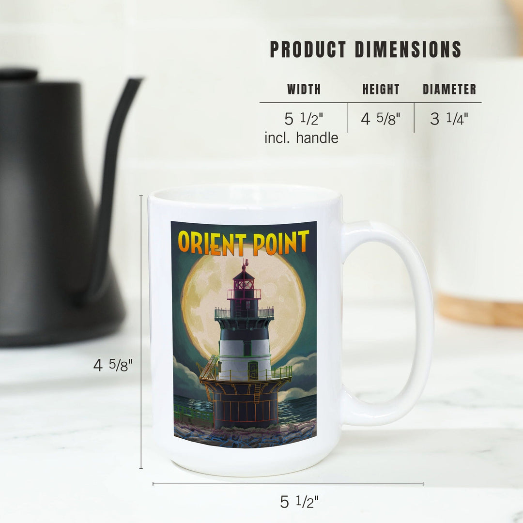 Orient Point, New York, Lighthouse & Full Moon, Lantern Press Artwork, Ceramic Mug Mugs Lantern Press 