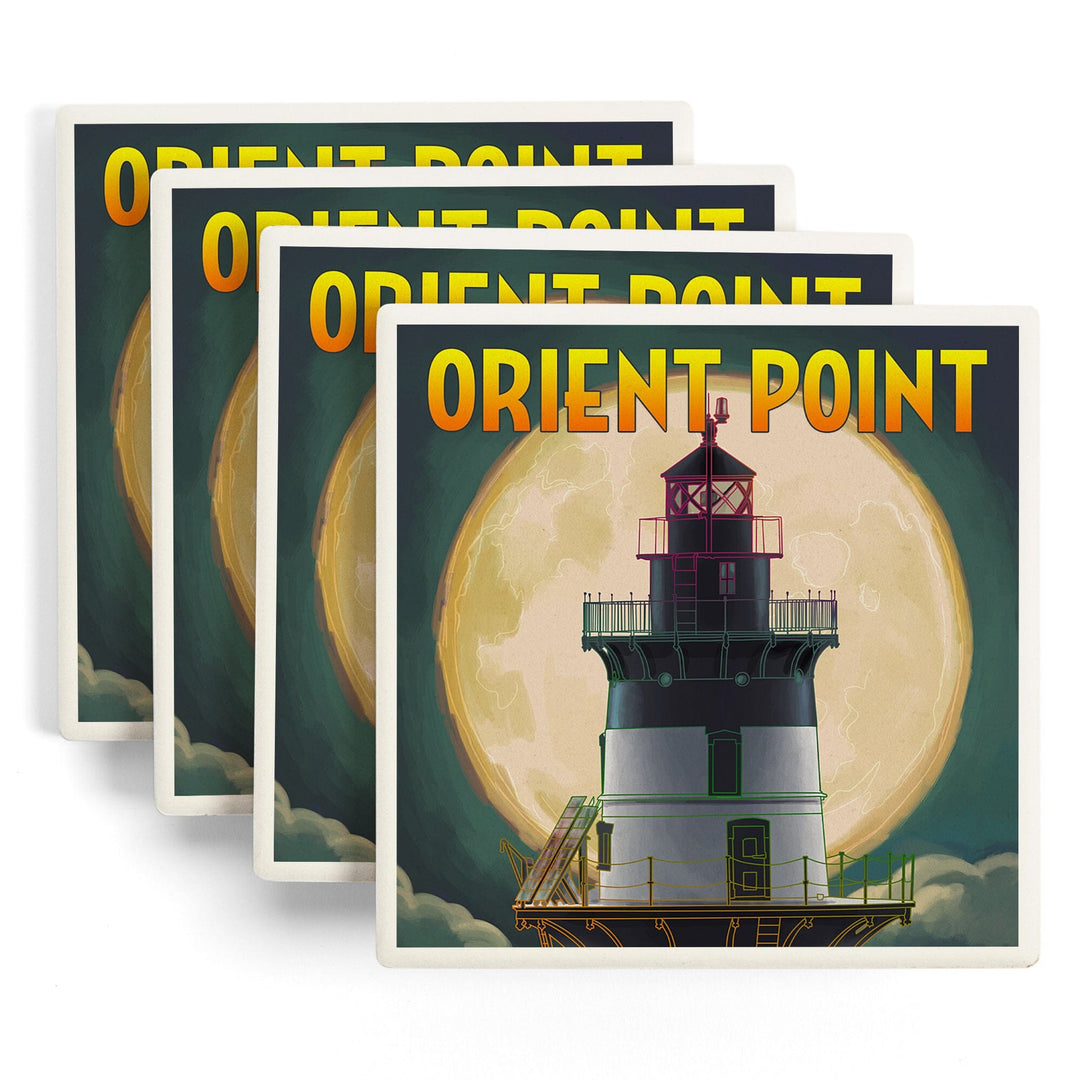 Orient Point, New York, Lighthouse & Full Moon, Lantern Press Artwork, Coaster Set Coasters Lantern Press 