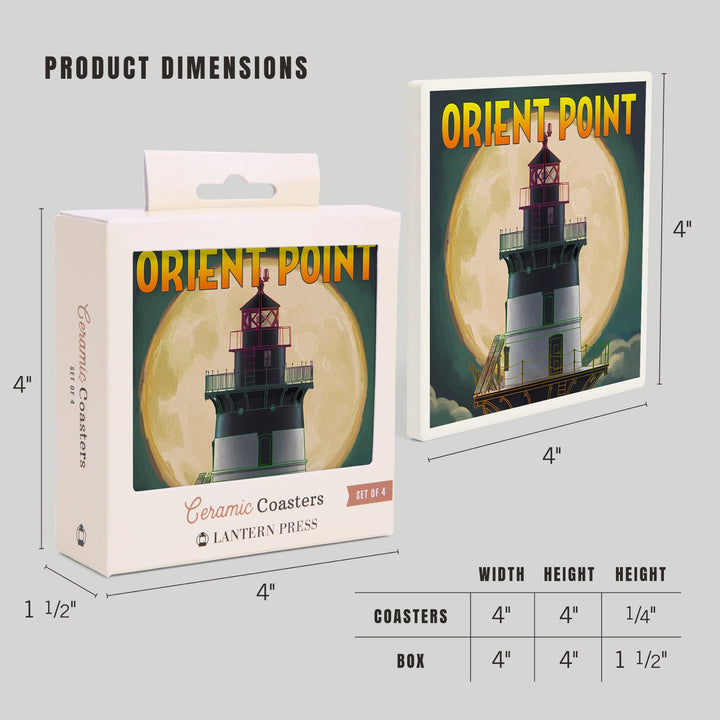 Orient Point, New York, Lighthouse & Full Moon, Lantern Press Artwork, Coaster Set Coasters Lantern Press 