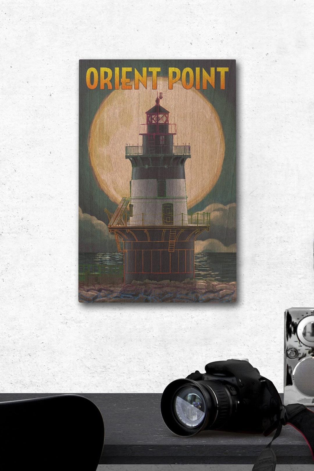 Orient Point, New York, Lighthouse & Full Moon, Lantern Press Artwork, Wood Signs and Postcards Wood Lantern Press 12 x 18 Wood Gallery Print 