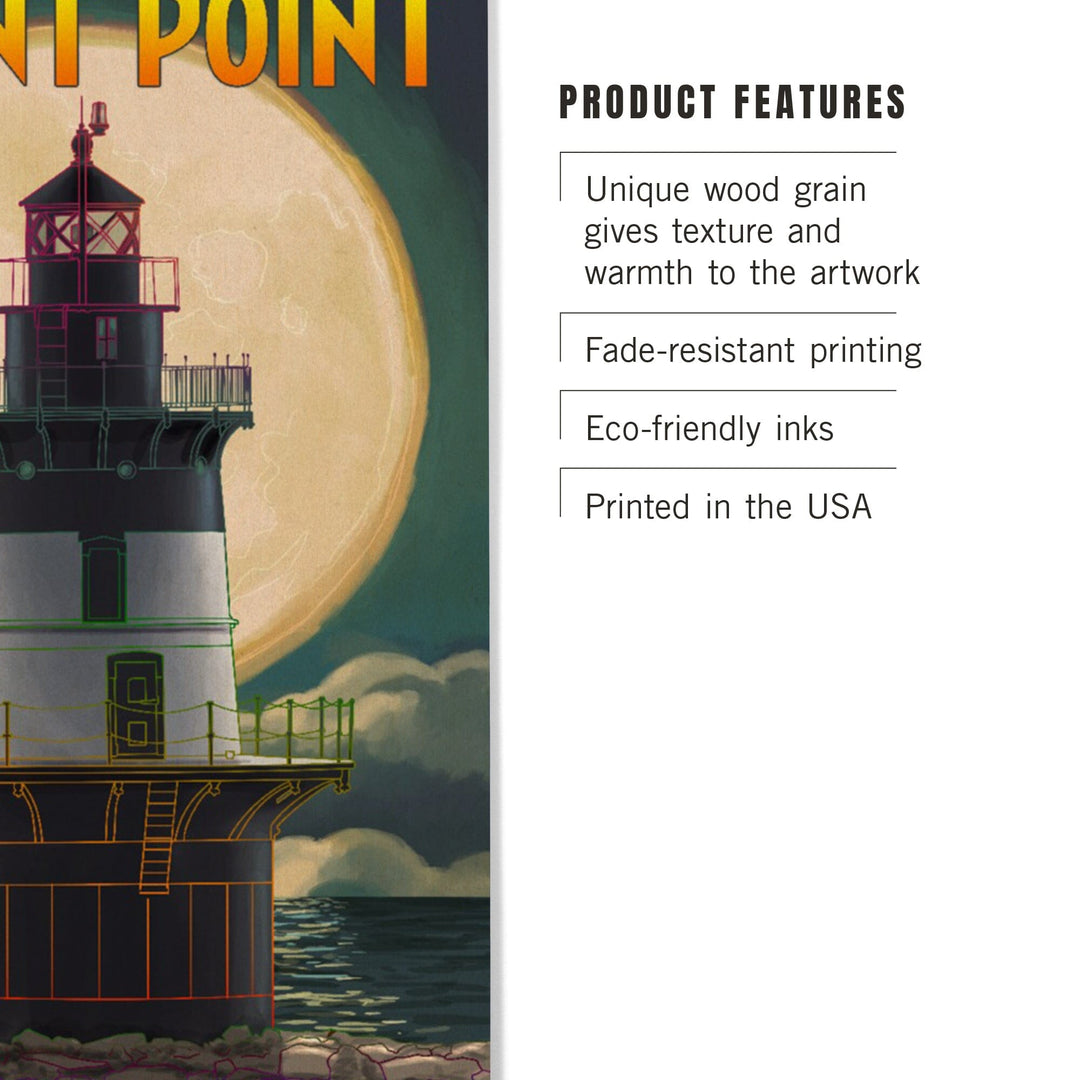 Orient Point, New York, Lighthouse & Full Moon, Lantern Press Artwork, Wood Signs and Postcards Wood Lantern Press 