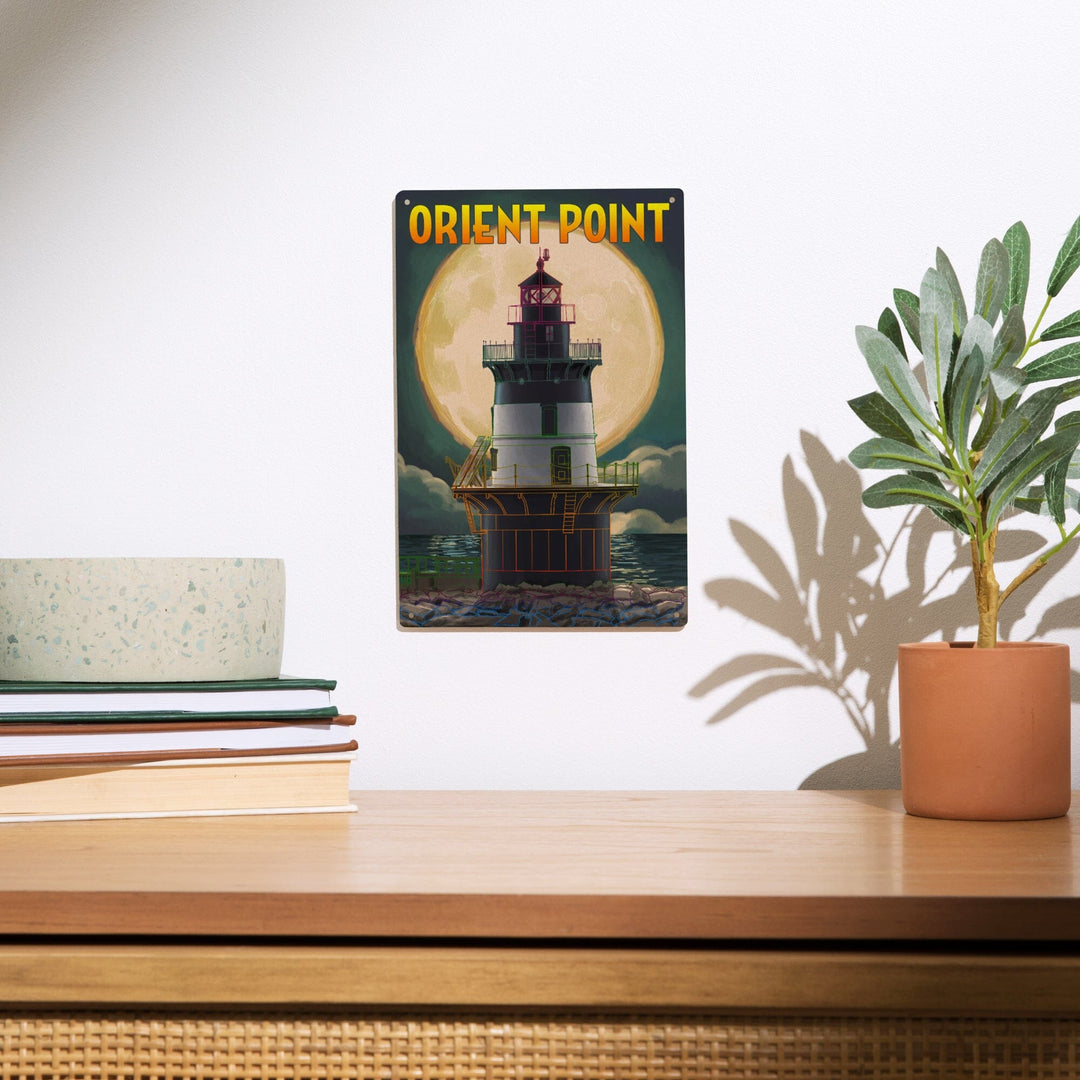 Orient Point, New York, Lighthouse & Full Moon, Lantern Press Artwork, Wood Signs and Postcards Wood Lantern Press 