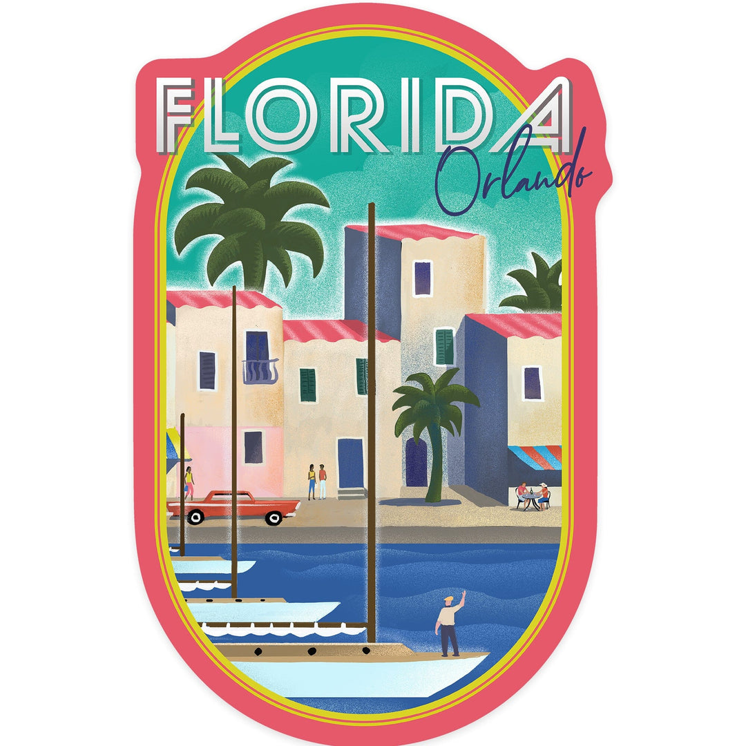 Orlando, Florida, Lithograph, Contour, Vinyl Sticker Sticker Lantern Press 