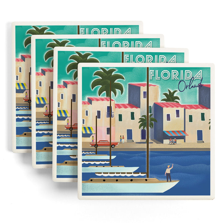 Orlando, Florida, Lithograph, Lantern Press Artwork, Coaster Set Coasters Lantern Press 