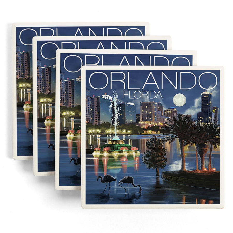 Orlando, Florida, Skyline at Night, Lantern Press Artwork, Coaster Set Coasters Lantern Press 