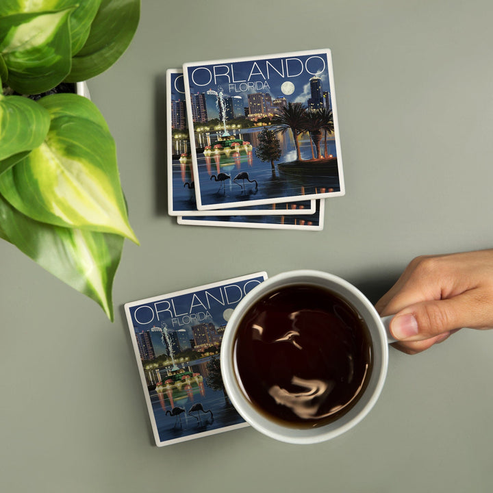 Orlando, Florida, Skyline at Night, Lantern Press Artwork, Coaster Set Coasters Lantern Press 