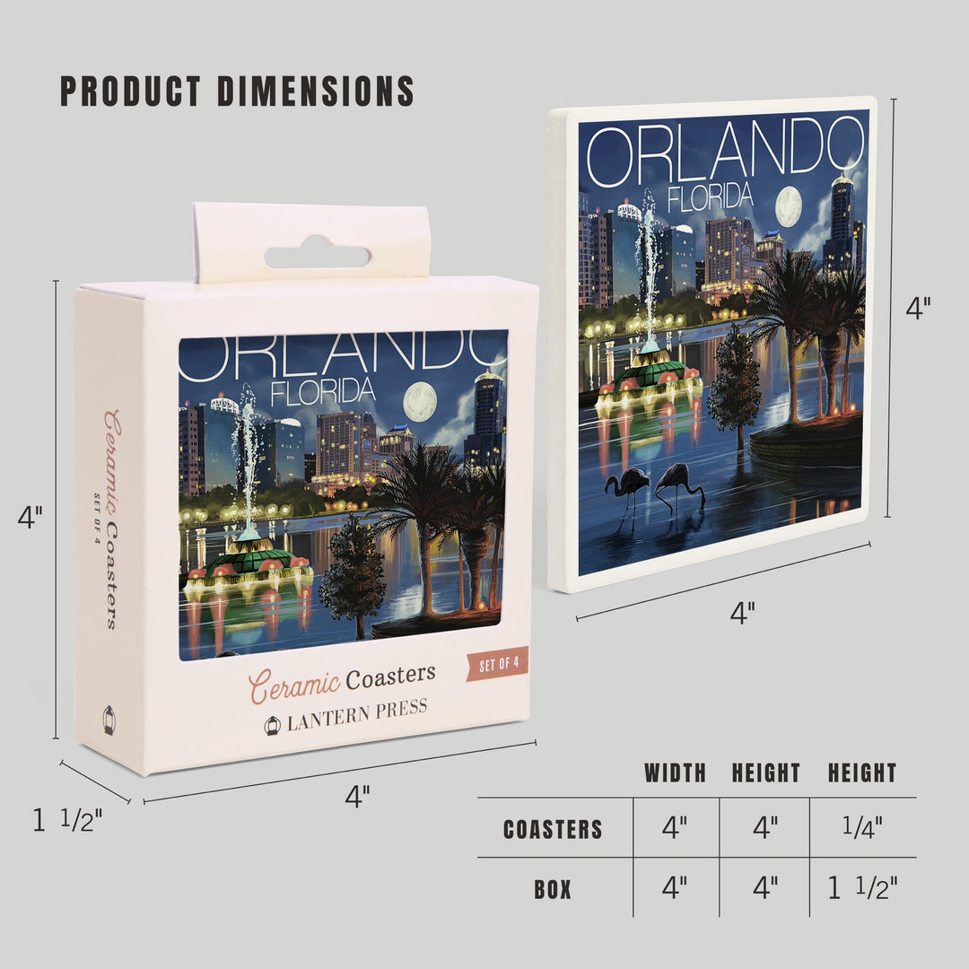 Orlando, Florida, Skyline at Night, Lantern Press Artwork, Coaster Set Coasters Lantern Press 