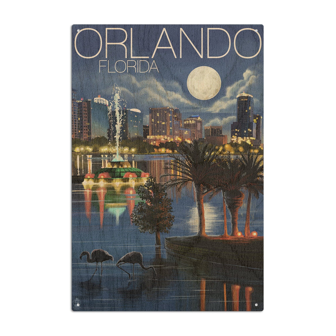 Orlando, Florida, Skyline at Night, Lantern Press Artwork, Wood Signs and Postcards Wood Lantern Press 10 x 15 Wood Sign 
