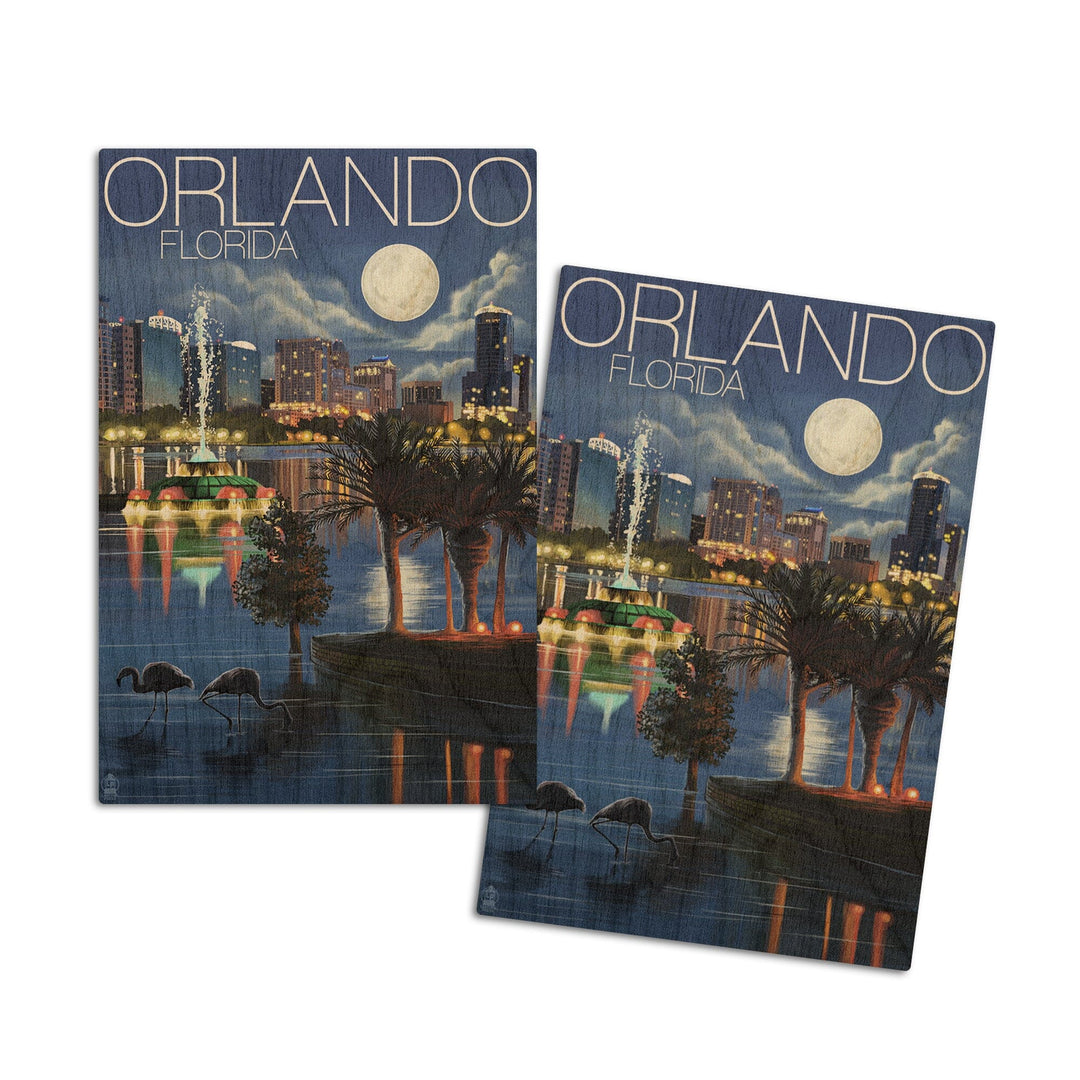 Orlando, Florida, Skyline at Night, Lantern Press Artwork, Wood Signs and Postcards Wood Lantern Press 4x6 Wood Postcard Set 