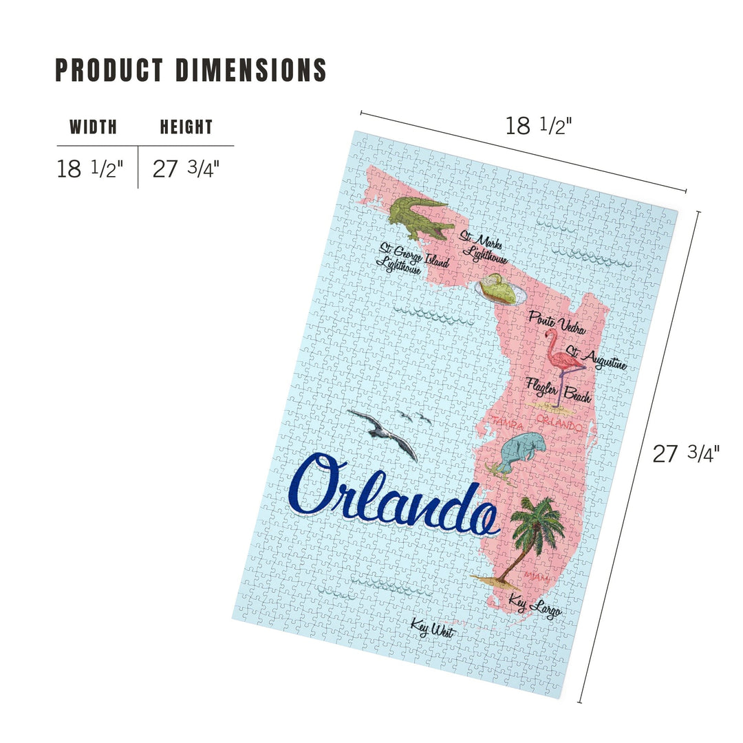 Orlando, Florida, Typography and Icons, Pink and Blue, Jigsaw Puzzle Puzzle Lantern Press 