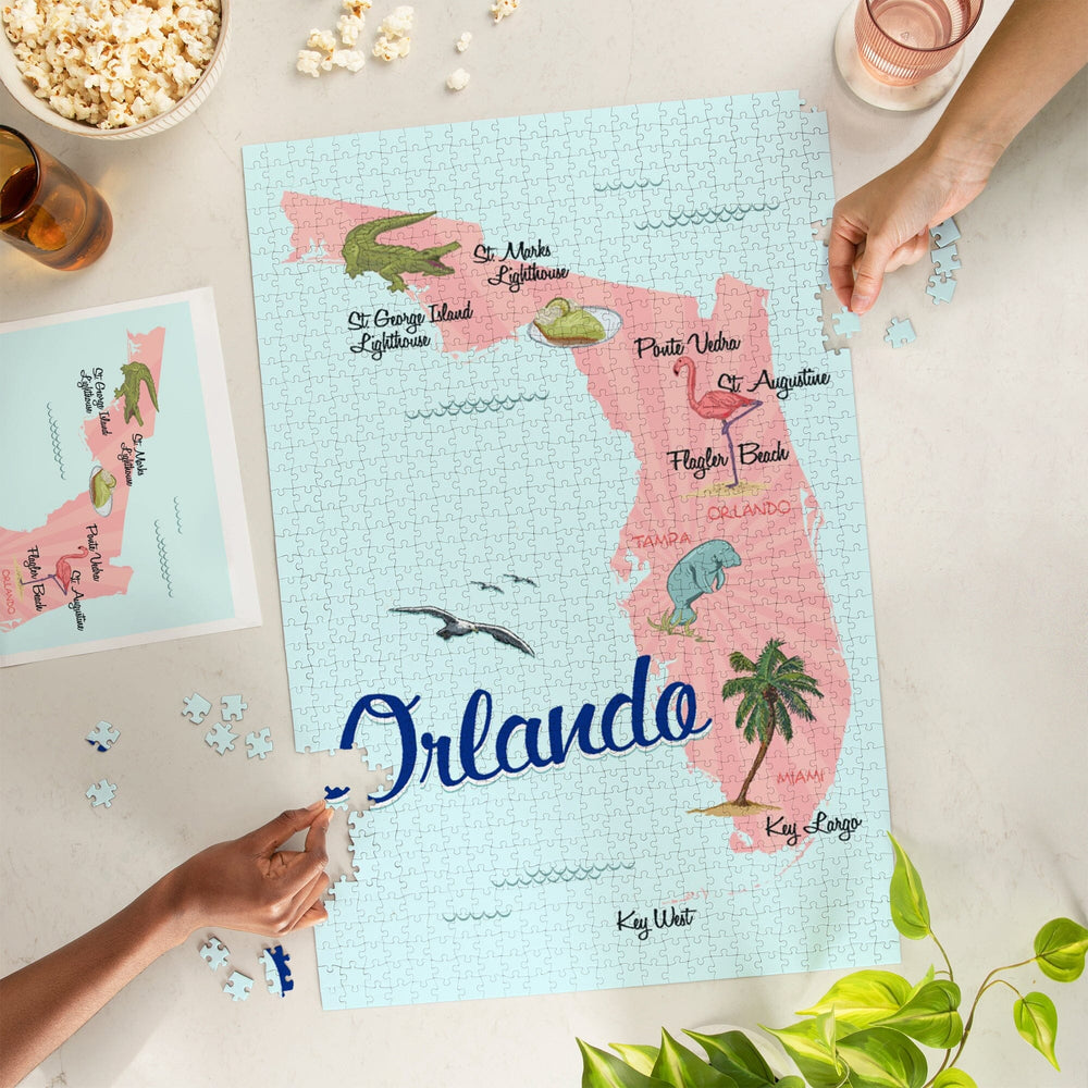 Orlando, Florida, Typography and Icons, Pink and Blue, Jigsaw Puzzle Puzzle Lantern Press 