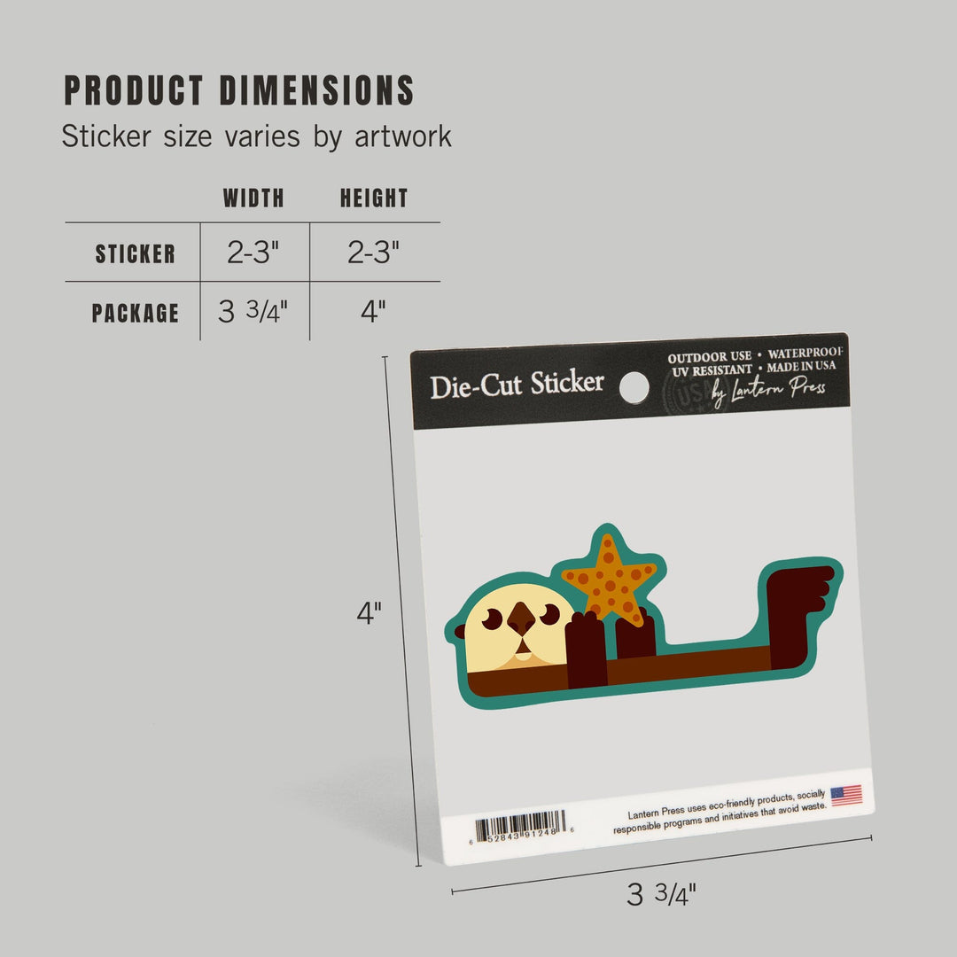 Otter with Starfish, Geometric, Contour, Lantern Press Artwork, Vinyl Sticker Sticker Lantern Press 