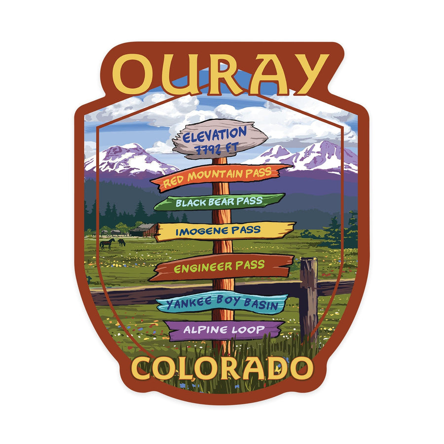 Ouray, Colorado, Destination Signpost, Contour, Vinyl Sticker Sticker Lantern Press 