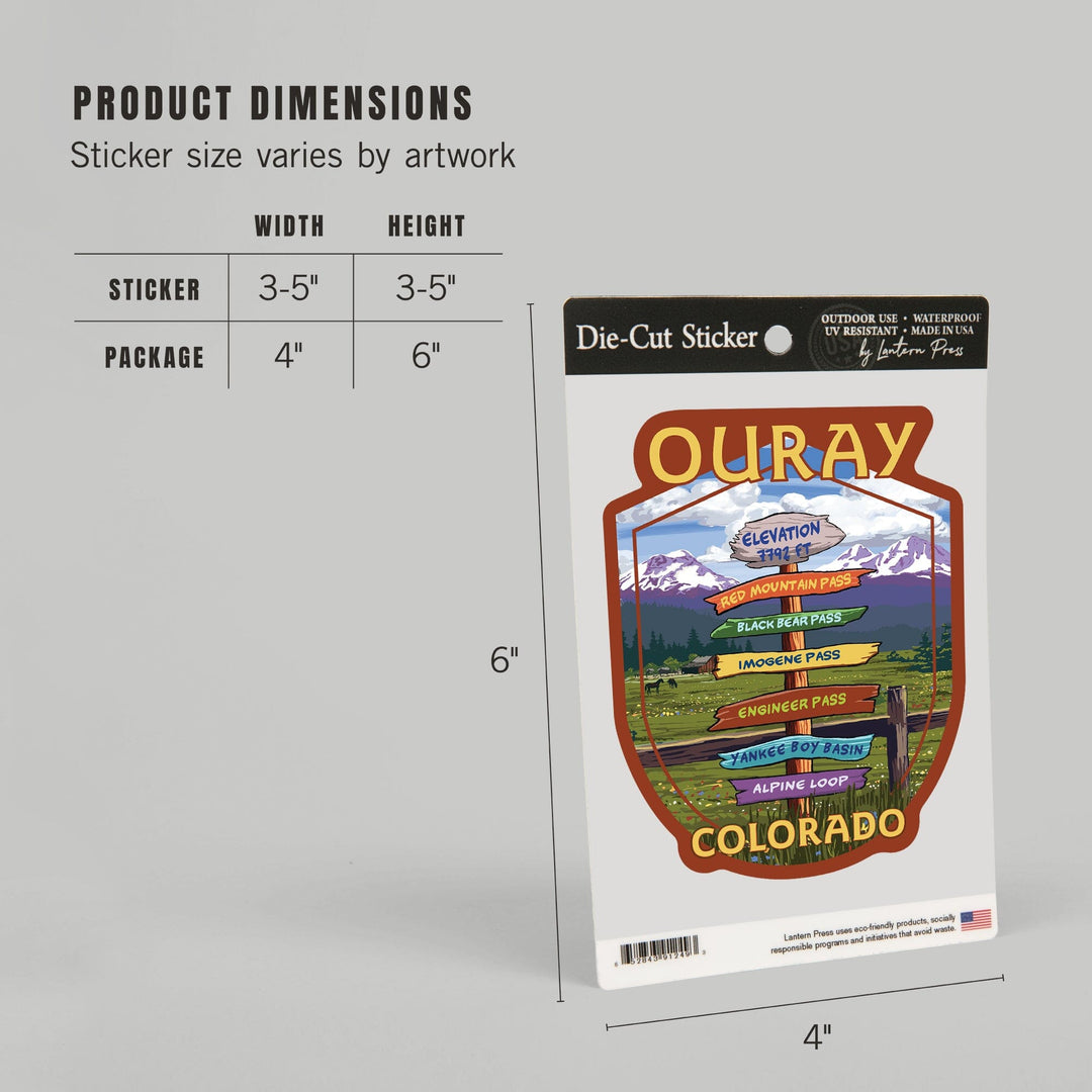 Ouray, Colorado, Destination Signpost, Contour, Vinyl Sticker Sticker Lantern Press 