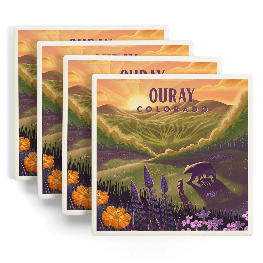 Ouray, Colorado, Lithograph, Bear and Spring Flowers, Ski Mountain, Coasters Coasters Lantern Press 