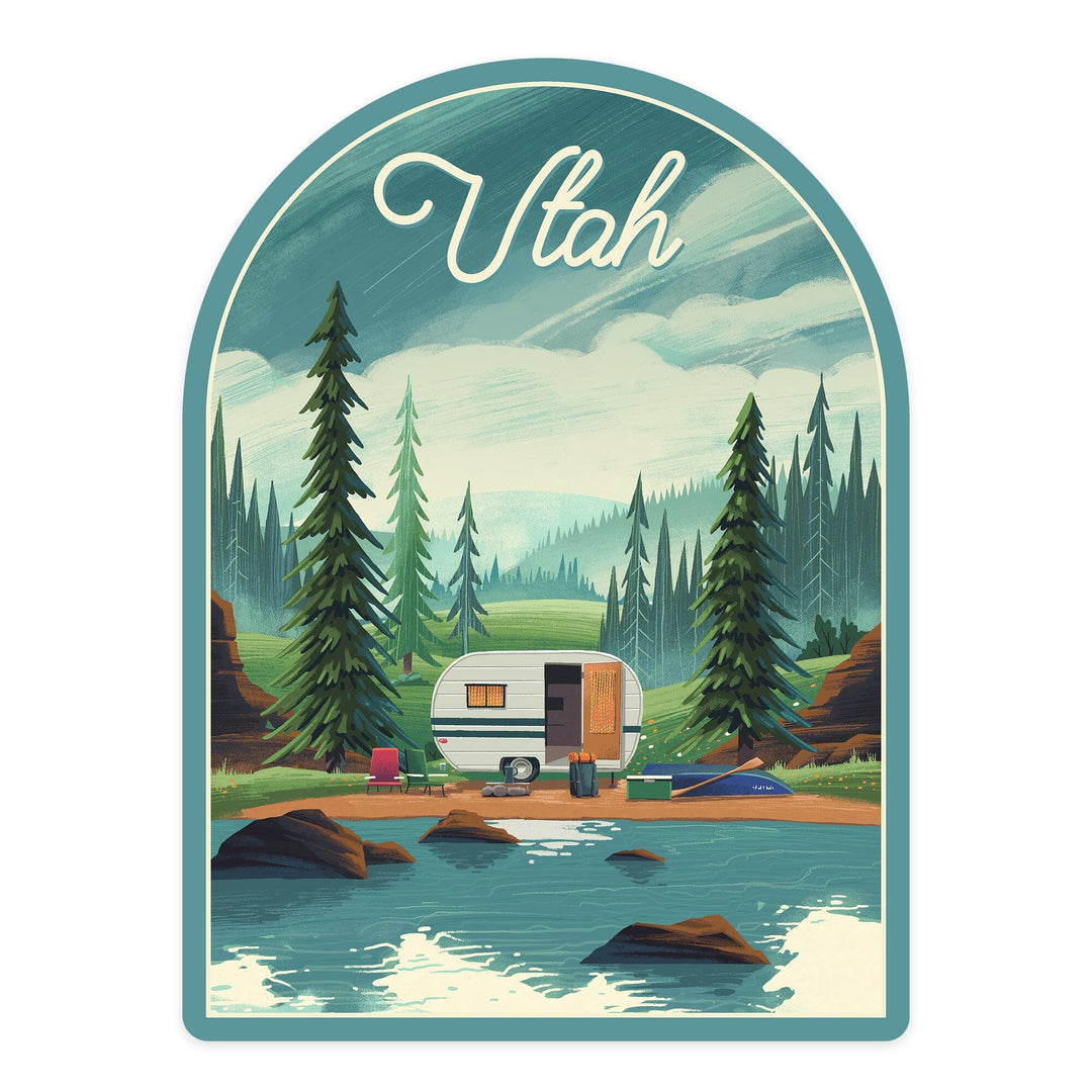 Outdoor Activity, At Home Anywhere Camper in Evergreens, Vinyl Sticker Sticker Lantern Press 