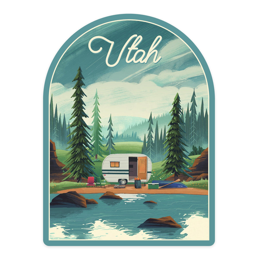 Outdoor Activity, At Home Anywhere Camper in Evergreens, Vinyl Sticker Sticker Lantern Press 