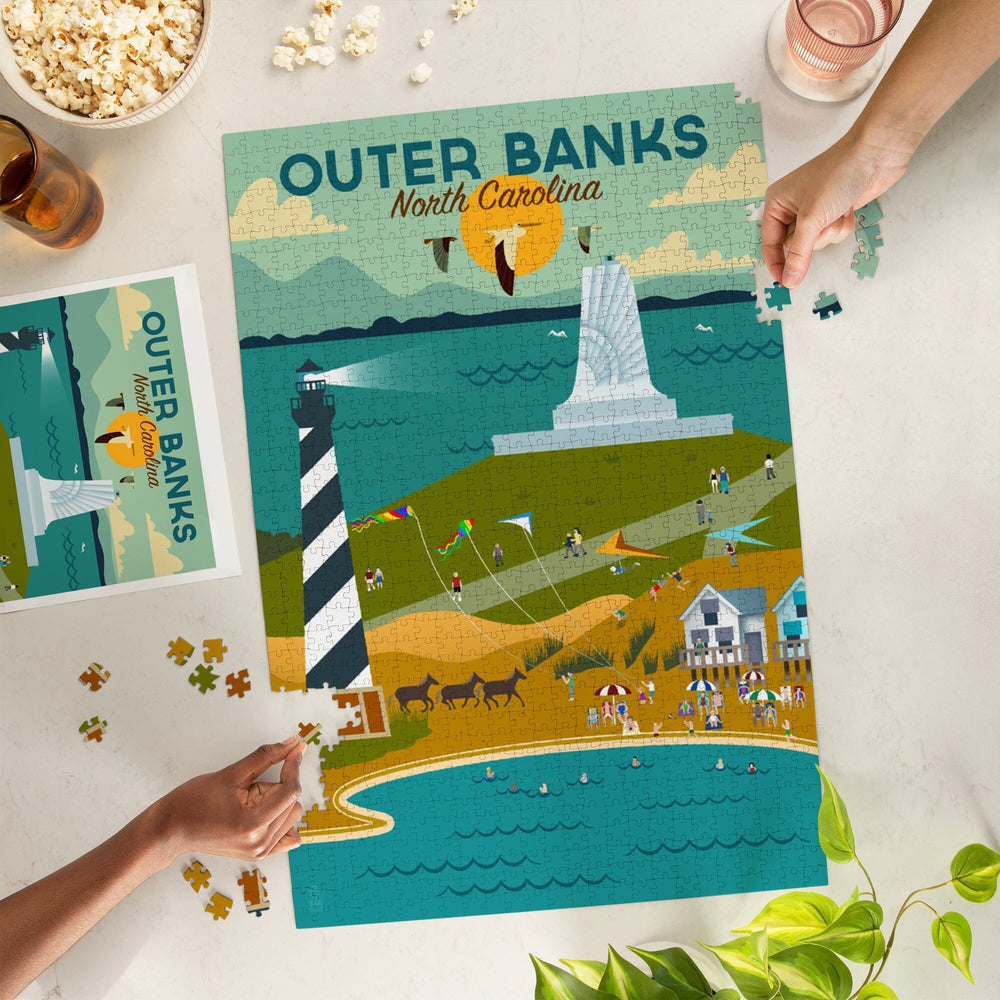 Outer Banks, North Carolina, Beach and Lighthouse, Geometric, Jigsaw Puzzle Puzzle Lantern Press 