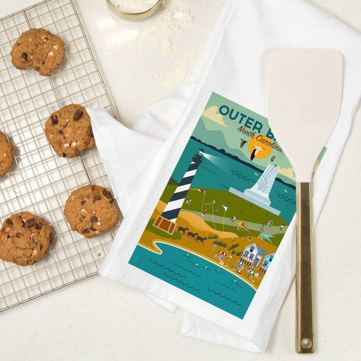 Outer Banks, North Carolina, Beach and Lighthouse, Geometric, Organic Cotton Kitchen Tea Towels Kitchen Lantern Press 