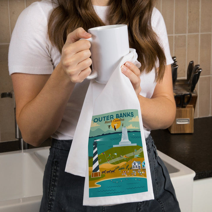 Outer Banks, North Carolina, Beach and Lighthouse, Geometric, Organic Cotton Kitchen Tea Towels Kitchen Lantern Press 