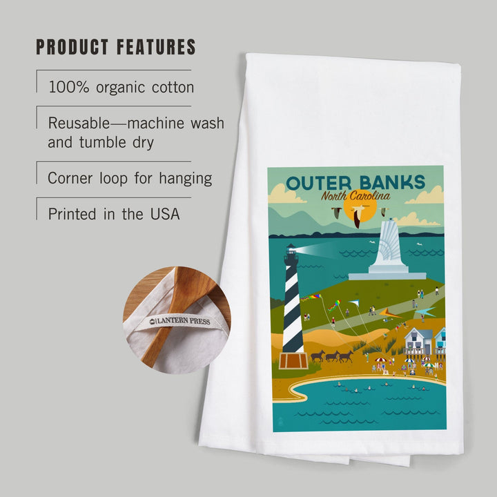 Outer Banks, North Carolina, Beach and Lighthouse, Geometric, Organic Cotton Kitchen Tea Towels Kitchen Lantern Press 