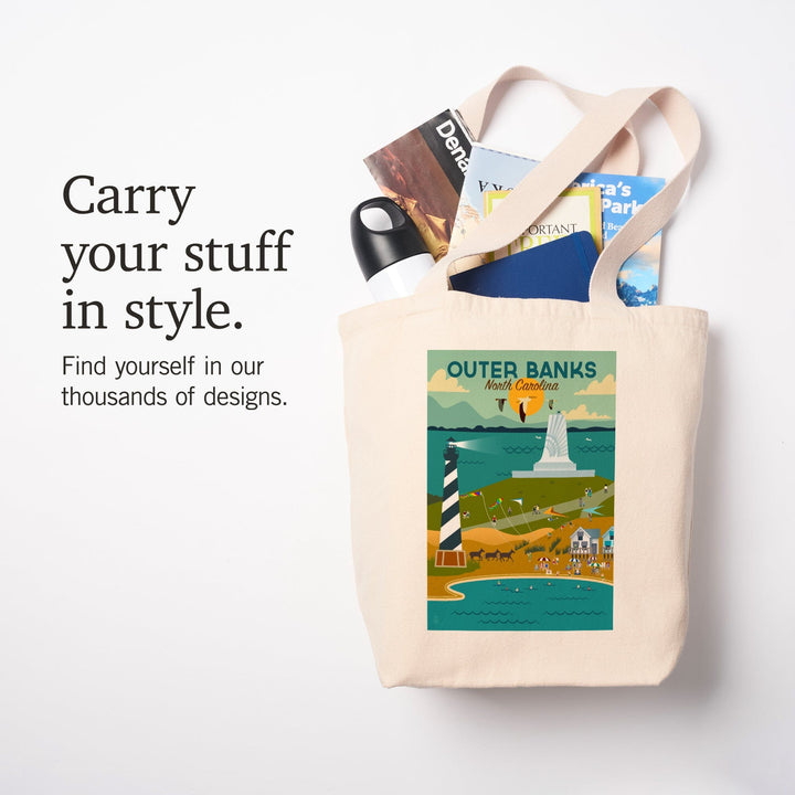 Outer Banks, North Carolina, Beach and Lighthouse, Geometric, Tote Bag Totes Lantern Press 