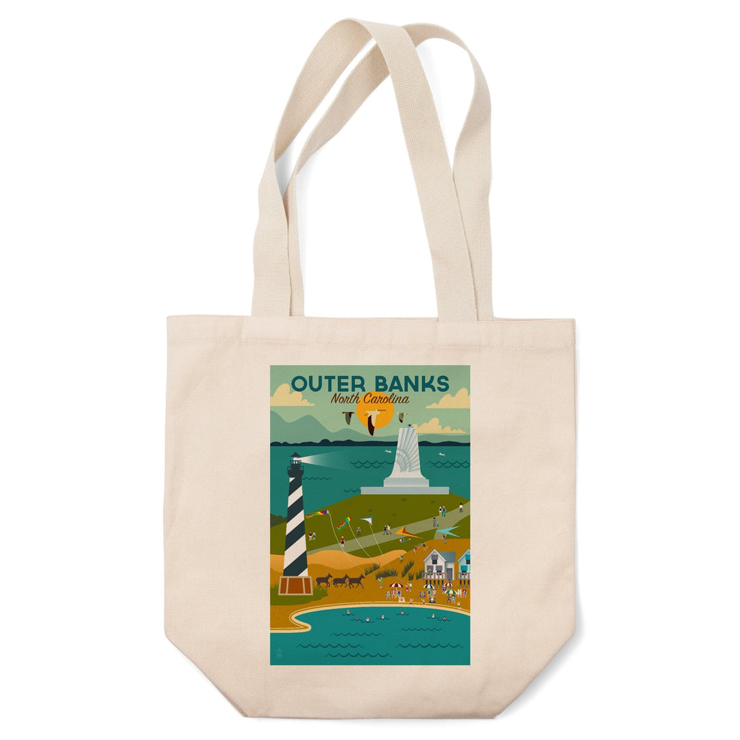 Outer Banks, North Carolina, Beach and Lighthouse, Geometric, Tote Bag Totes Lantern Press 