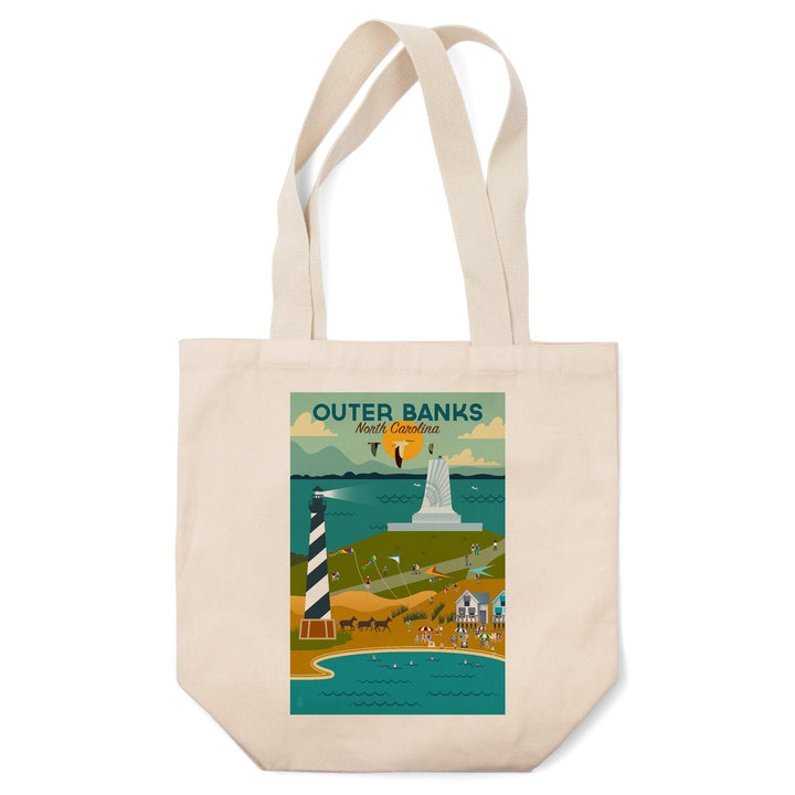 Outer Banks, North Carolina, Beach and Lighthouse, Geometric, Tote Bag Totes Lantern Press 