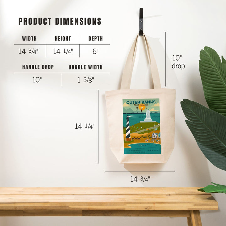 Outer Banks, North Carolina, Beach and Lighthouse, Geometric, Tote Bag Totes Lantern Press 