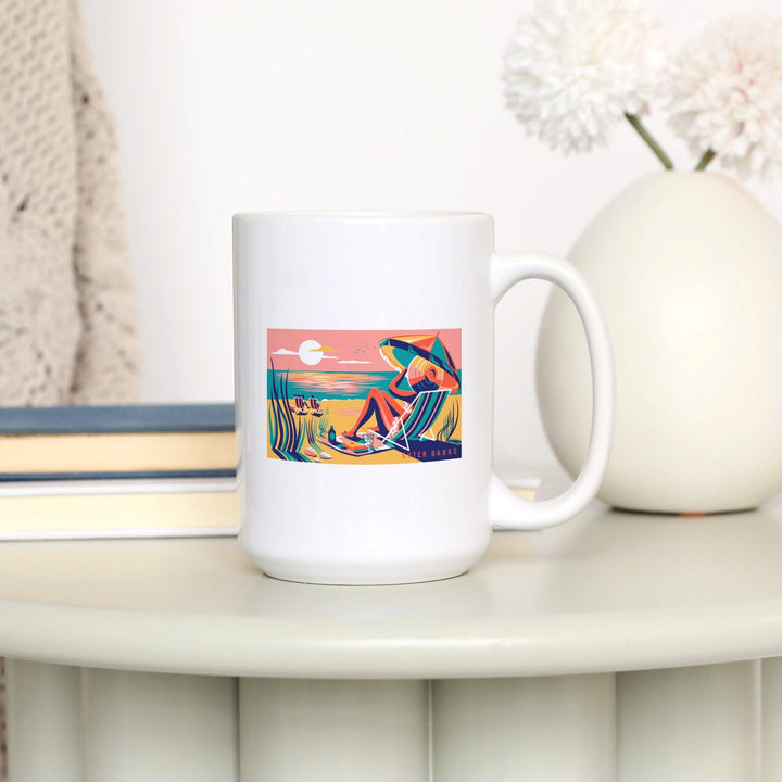 Outer Banks, North Carolina, Beach Bliss Collection, Woman at the Beach, Lantern Press Artworkene, Ceramic Mug Mugs Lantern Press 