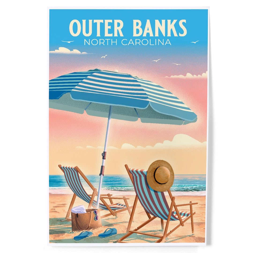 Outer Banks, North Carolina, Beach Chair and Umbrella, Art & Giclee Prints Art Lantern Press 