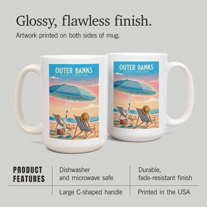 Outer Banks, North Carolina, Beach Chair and Umbrella, Ceramic Mug Mugs Lantern Press 