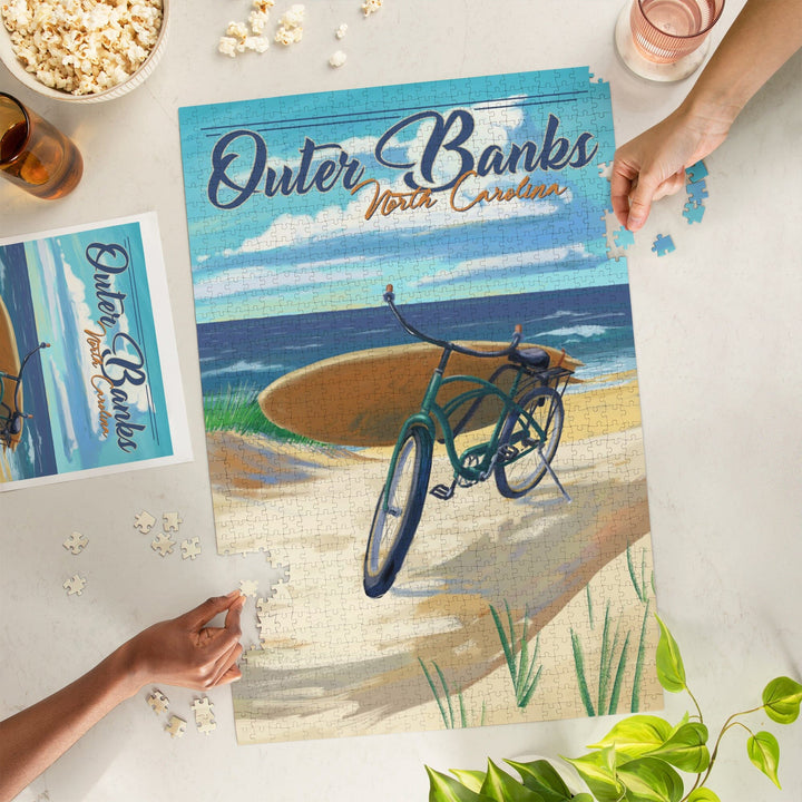 Outer Banks, North Carolina, Beach Cruiser on Beach, Jigsaw Puzzle Puzzle Lantern Press 