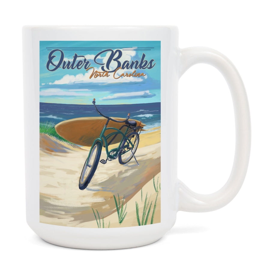 Outer Banks, North Carolina, Beach Cruiser on Beach, Lantern Press Artwork, Ceramic Mug Mugs Lantern Press 