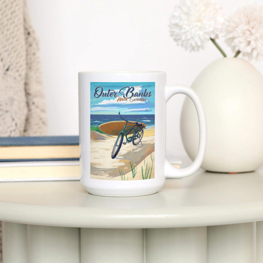 Outer Banks, North Carolina, Beach Cruiser on Beach, Lantern Press Artwork, Ceramic Mug Mugs Lantern Press 