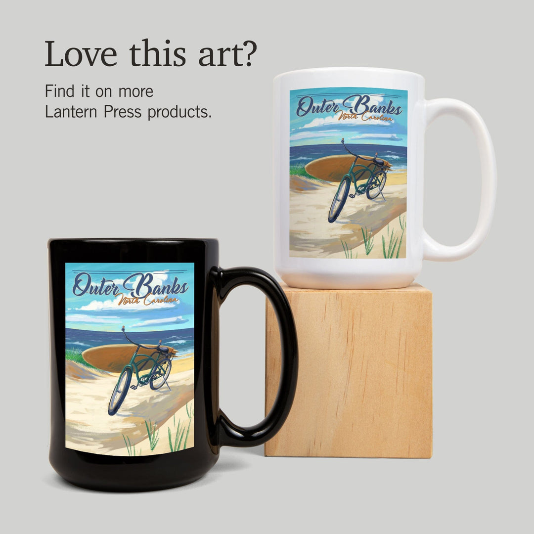 Outer Banks, North Carolina, Beach Cruiser on Beach, Lantern Press Artwork, Ceramic Mug Mugs Lantern Press 
