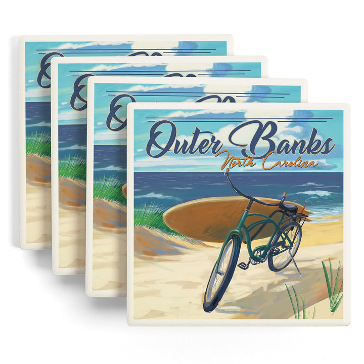 Outer Banks, North Carolina, Beach Cruiser on Beach, Lantern Press Artwork, Coaster Set Coasters Lantern Press 