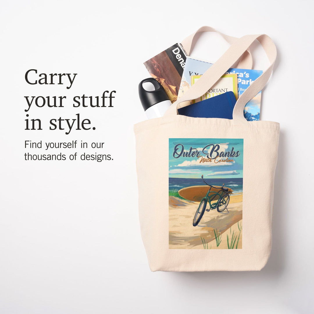 Outer Banks, North Carolina, Beach Cruiser on Beach, Lantern Press Artwork, Tote Bag Totes Lantern Press 