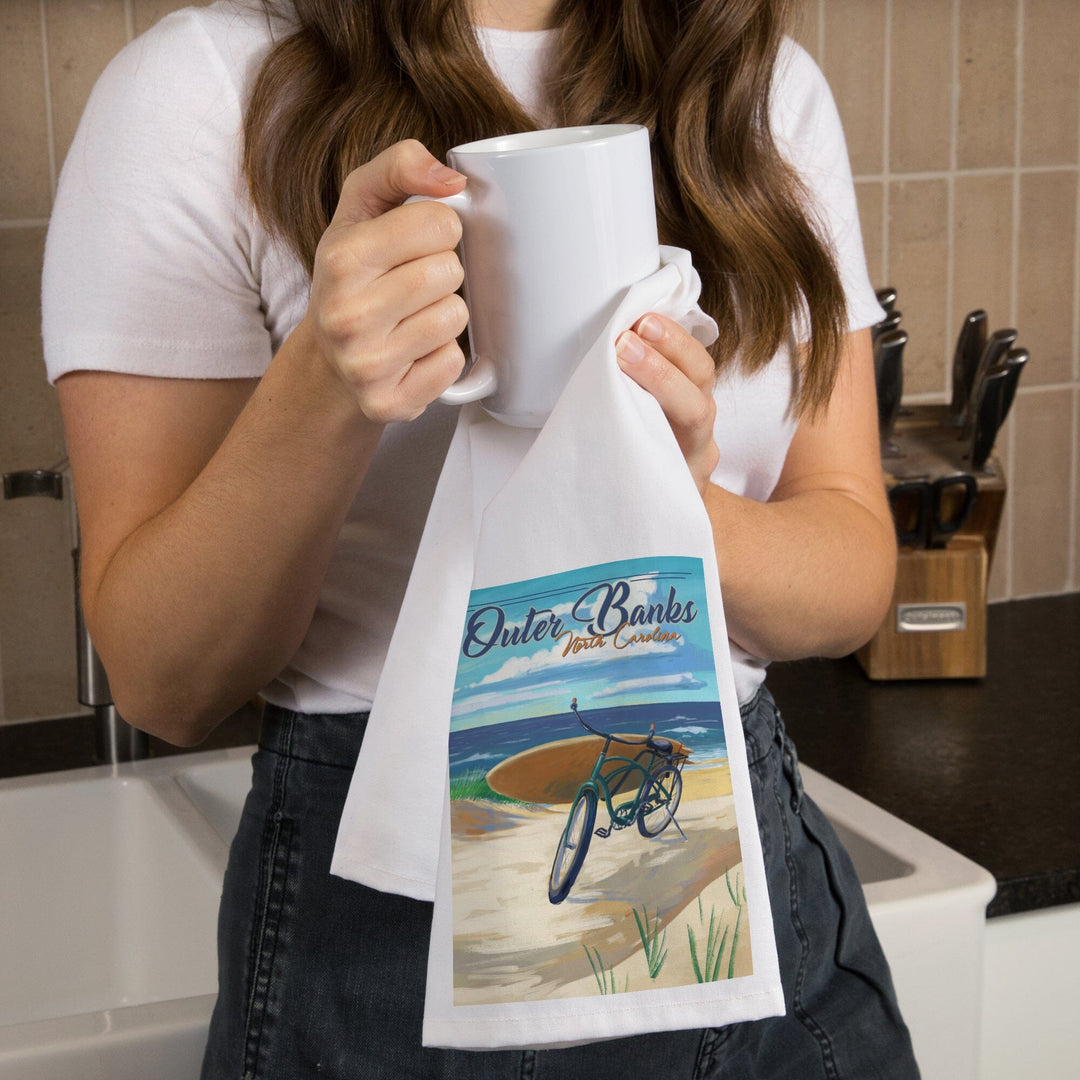 Outer Banks, North Carolina, Beach Cruiser on Beach, Organic Cotton Kitchen Tea Towels Kitchen Lantern Press 