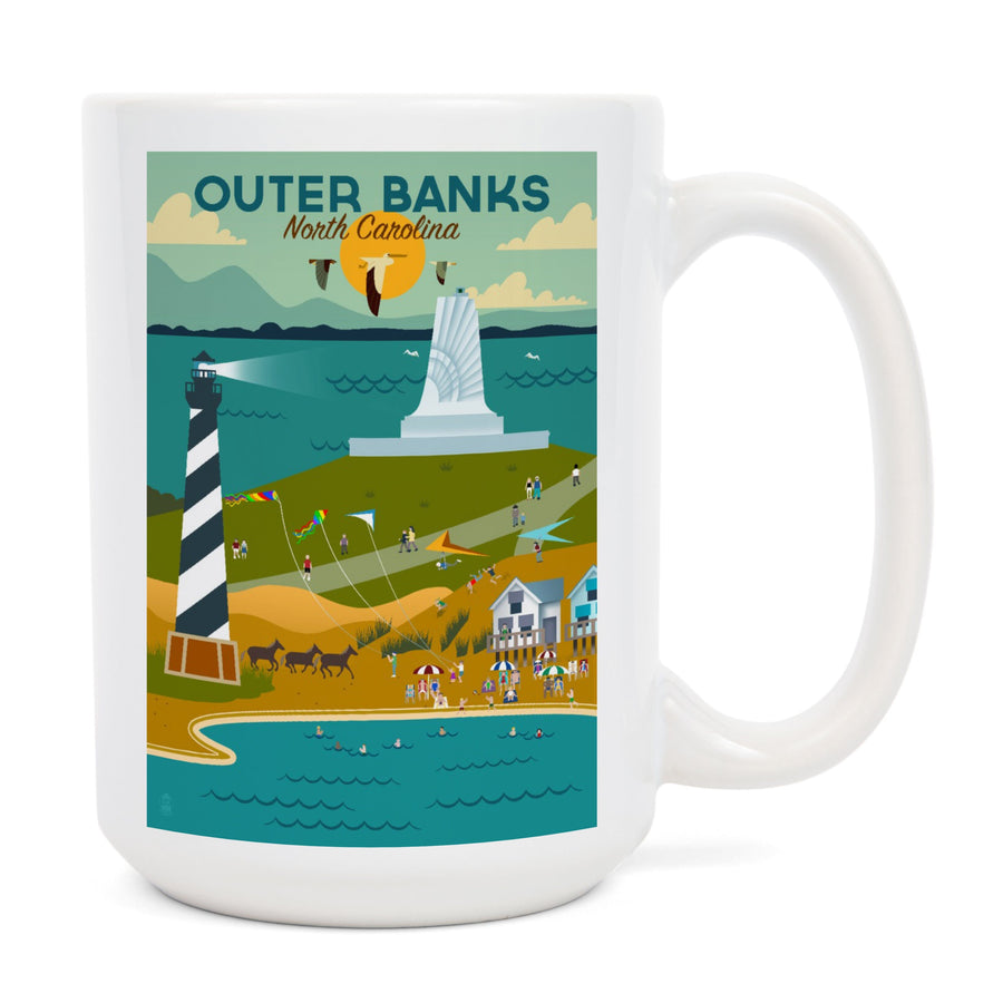 Outer Banks, North Carolina, Beach, Ocean, & Lighthouse, Geometric, Lantern Press Artwork, Ceramic Mug Mugs Lantern Press 