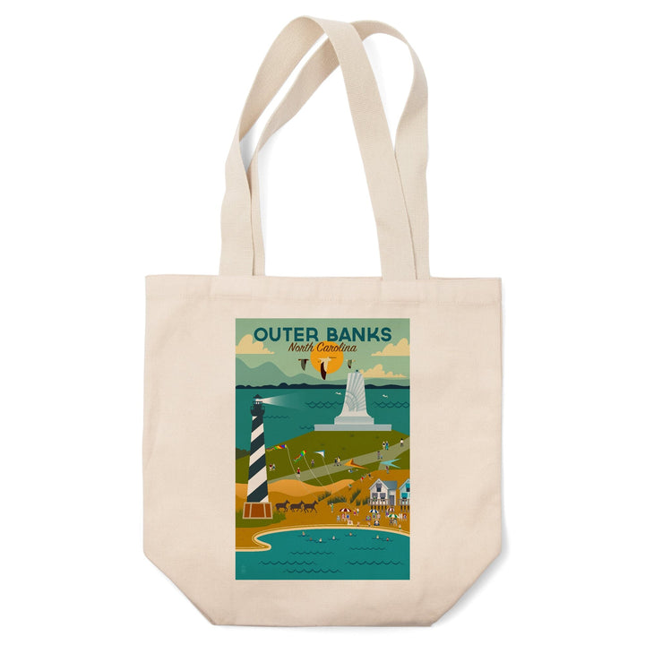 Outer Banks, North Carolina, Beach, Ocean, & Lighthouse, Geometric, Lantern Press Artwork, Tote Bag Totes Lantern Press 