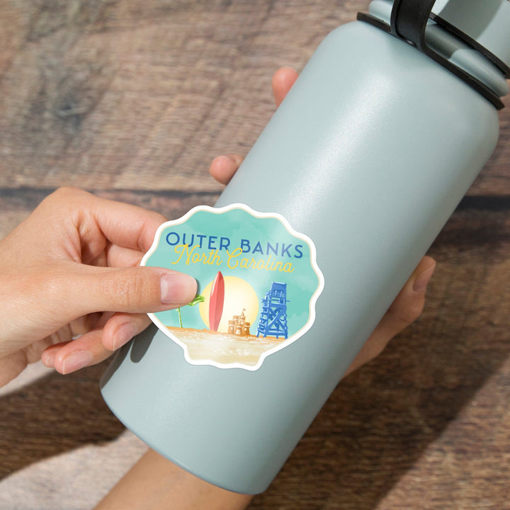 Outer Banks, North Carolina, Beach Scene, Contour, Vinyl Sticker Sticker Lantern Press 