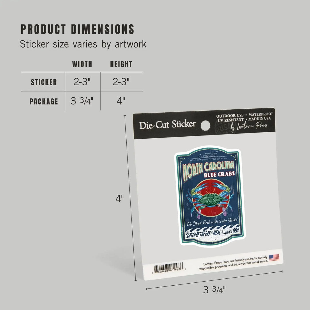 Outer Banks, North Carolina, Blue Crabs, Vintage Sign, Contour, Vinyl Sticker Sticker Lantern Press 
