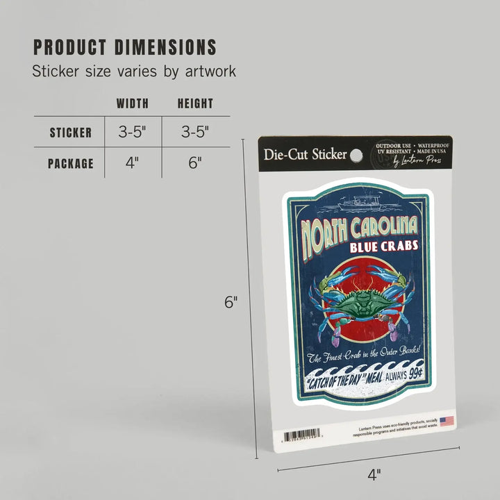 Outer Banks, North Carolina, Blue Crabs, Vintage Sign, Contour, Vinyl Sticker Sticker Lantern Press 