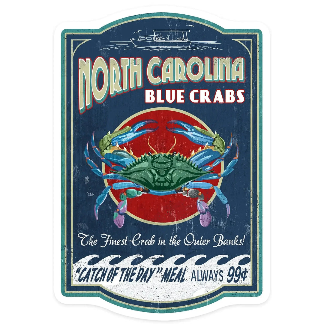 Outer Banks, North Carolina, Blue Crabs, Vintage Sign, Contour, Vinyl Sticker Sticker Lantern Press 