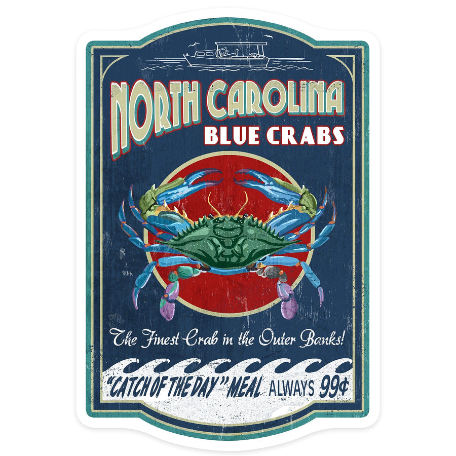 Outer Banks, North Carolina, Blue Crabs, Vintage Sign, Contour, Vinyl Sticker Sticker Lantern Press 