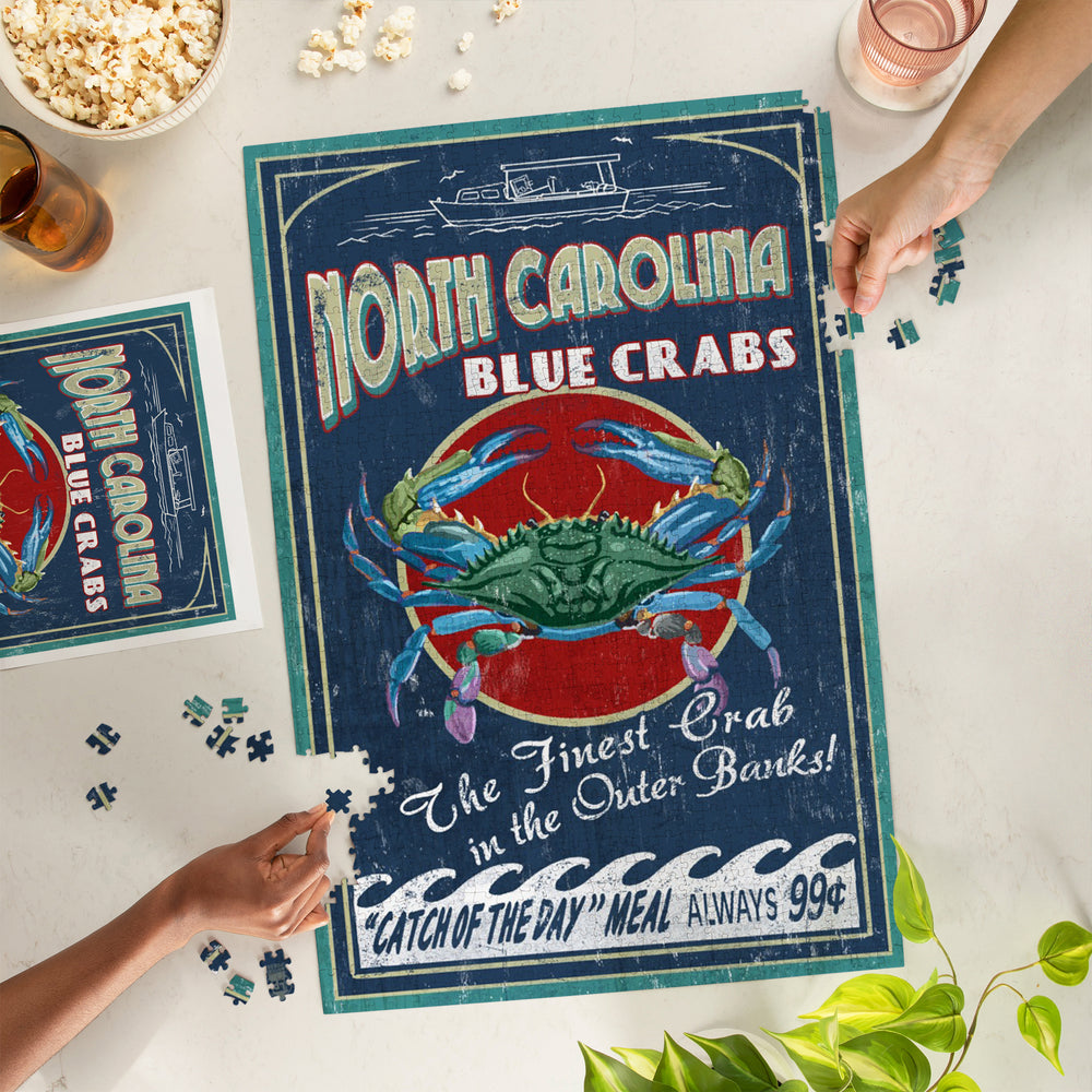 Outer Banks, North Carolina, Blue Crabs, Vintage Sign, Jigsaw Puzzle Puzzle Lantern Press 