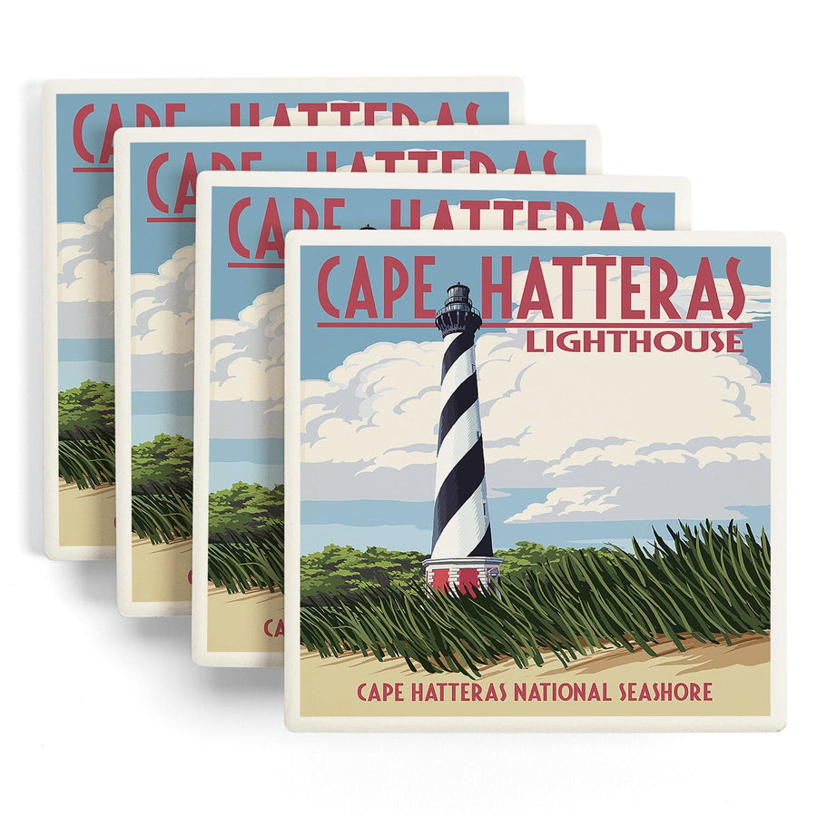 Outer Banks, North Carolina, Cape Hatteras Lighthouse, Lantern Press Artwork, Coaster Set Coasters Lantern Press 