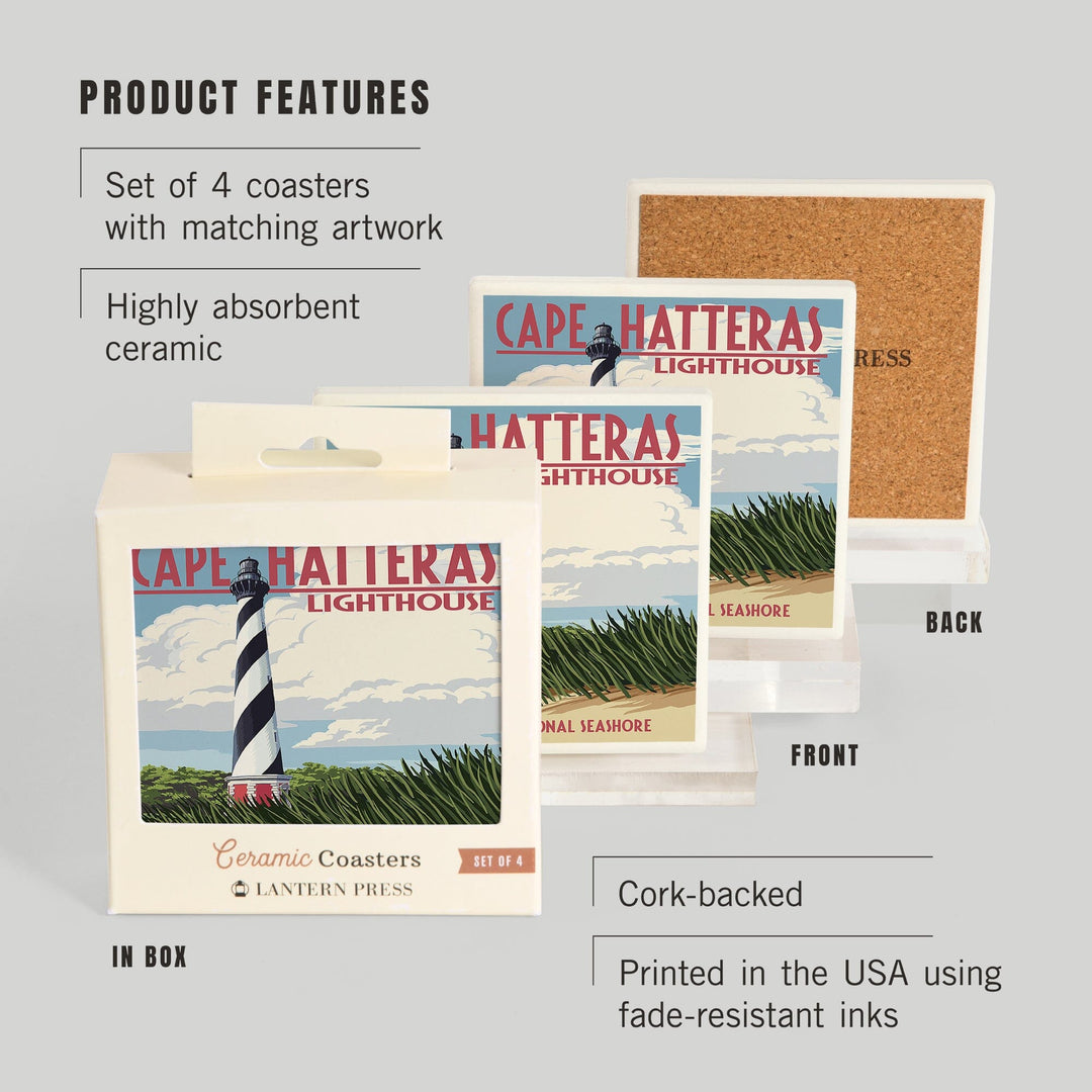 Outer Banks, North Carolina, Cape Hatteras Lighthouse, Lantern Press Artwork, Coaster Set Coasters Lantern Press 